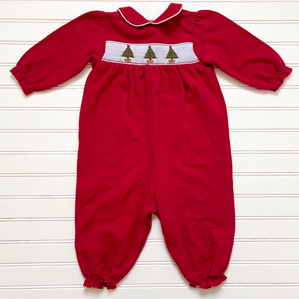THE BAILEY BOYS EUC Girls Hand Smocked Christmas Tree Peter Pan Collar Jumpsuit